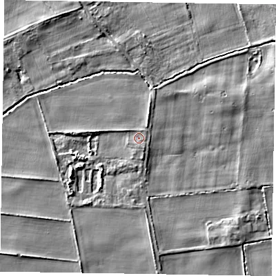 Shaded relief map of the ground around YO421PG, computed from Environment Agency LiDAR. The ground here sits at about 17 m above sea level and falls 4 m across the surrounding 800 m. Surface water reaching this point runs off ground lying to the south, 1.0 m higher.