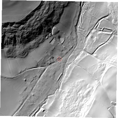 Shaded relief map of the ground around YO421QY, computed from Environment Agency LiDAR. The ground here sits at about 40 m above sea level and falls 63 m across the surrounding 800 m. Surface water reaching this point runs off ground lying to the north-west, 60.1 m higher.