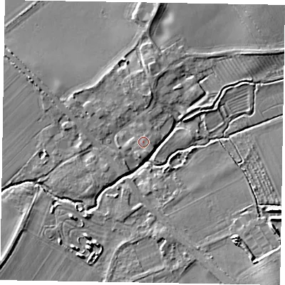 Shaded relief map of the ground around YO421RG, computed from Environment Agency LiDAR. The ground here sits at about 22 m above sea level and falls 8 m across the surrounding 800 m. Surface water reaching this point runs off ground lying to the south-south-west, 0.7 m higher.
