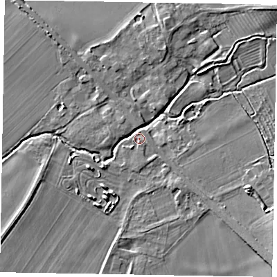 Shaded relief map of the ground around YO421RJ, computed from Environment Agency LiDAR. The ground here sits at about 20 m above sea level and falls 7 m across the surrounding 800 m. Surface water reaching this point runs off ground lying to the south-east, 6.3 m higher.