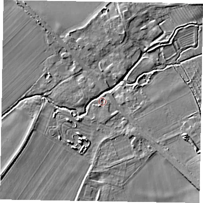 Shaded relief map of the ground around YO421RL, computed from Environment Agency LiDAR. The ground here sits at about 20 m above sea level and falls 7 m across the surrounding 800 m. Surface water reaching this point runs off ground lying to the south-east, 6.1 m higher.