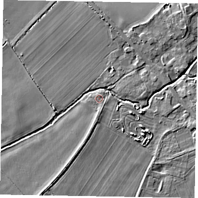 Shaded relief map of the ground around YO421RP, computed from Environment Agency LiDAR. The ground here sits at about 20 m above sea level and falls 7 m across the surrounding 800 m. Surface water reaching this point runs off ground lying to the south-south-east, 1.2 m higher.