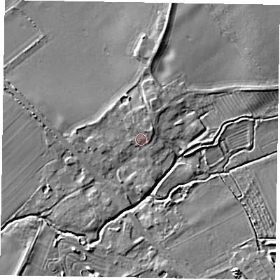Shaded relief map of the ground around YO421RR, computed from Environment Agency LiDAR. The ground here sits at about 22 m above sea level and falls 8 m across the surrounding 800 m. Surface water reaching this point runs off ground lying to the north-east, 1.7 m higher.