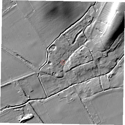 Shaded relief map of the ground around YO421RS, computed from Environment Agency LiDAR. The ground here sits at about 28 m above sea level and falls 17 m across the surrounding 800 m. Surface water reaching this point runs off ground lying to the north-east, 14.7 m higher.
