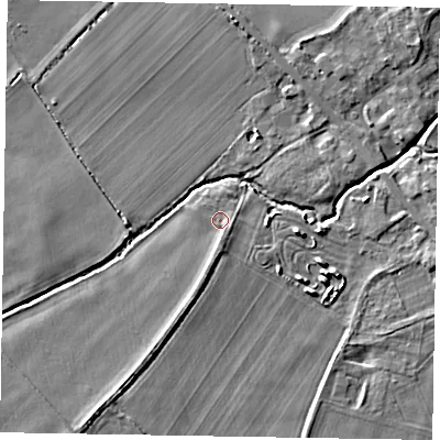 Shaded relief map of the ground around YO421RW, computed from Environment Agency LiDAR. The ground here sits at about 19 m above sea level and falls 7 m across the surrounding 800 m. Surface water reaching this point runs off ground lying to the south-south-east, 1.1 m higher.