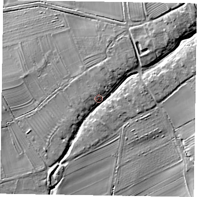 Shaded relief map of the ground around YO421RX, computed from Environment Agency LiDAR. The ground here sits at about 62 m above sea level and falls 28 m across the surrounding 800 m. Surface water reaching this point runs off ground lying to the north-east, 18.8 m higher.
