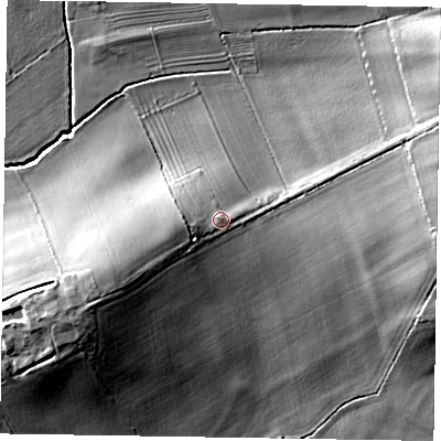 Shaded relief map of the ground around YO421SB, computed from Environment Agency LiDAR. The ground here sits at about 39 m above sea level and falls 18 m across the surrounding 800 m. Surface water reaching this point runs off ground lying to the west-south-west, 1.7 m higher.
