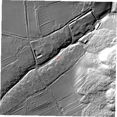 Shaded relief map of the ground around YO421SR, computed from Environment Agency LiDAR. The ground here sits at about 71 m above sea level and falls 70 m across the surrounding 800 m. Surface water reaching this point runs off ground lying to the east-north-east, 3.9 m higher.