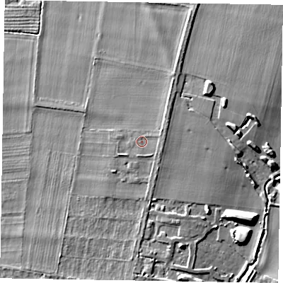 Shaded relief map of the ground around YO421TW, computed from Environment Agency LiDAR. The ground here sits at about 45 m above sea level and falls 11 m across the surrounding 800 m. Surface water reaching this point runs off ground lying to the east-north-east, 1.6 m higher.