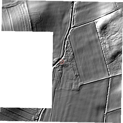 Shaded relief map of the ground around YO421UQ, computed from Environment Agency LiDAR. The ground here sits at about 41 m above sea level and falls 30 m across the surrounding 800 m. Surface water reaching this point runs off ground lying to the north-east, 25.5 m higher.