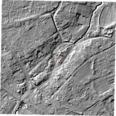 Shaded relief map of the ground around YO422AA, computed from Environment Agency LiDAR. The ground here sits at about 34 m above sea level and falls 11 m across the surrounding 800 m. Surface water reaching this point runs off ground lying to the north-east, 2.4 m higher.