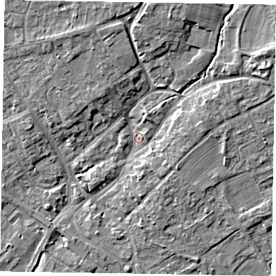 Shaded relief map of the ground around YO422AB, computed from Environment Agency LiDAR. The ground here sits at about 34 m above sea level and falls 10 m across the surrounding 800 m. Surface water reaching this point runs off ground lying to the north-north-east, 6.5 m higher.