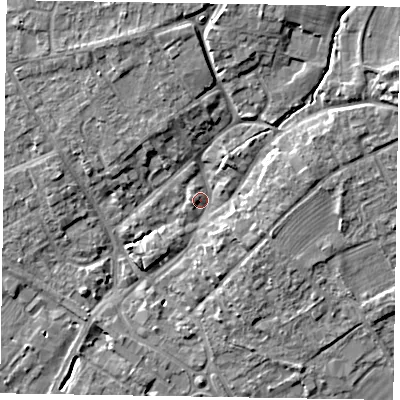 Shaded relief map of the ground around YO422AE, computed from Environment Agency LiDAR. The ground here sits at about 34 m above sea level and falls 10 m across the surrounding 800 m. Surface water reaching this point runs off ground lying to the north-north-east, 6.7 m higher.
