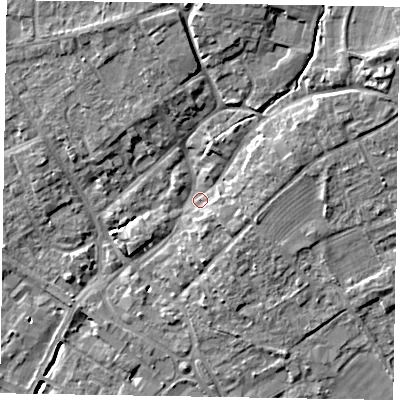 Shaded relief map of the ground around YO422AF, computed from Environment Agency LiDAR. The ground here sits at about 34 m above sea level and falls 12 m across the surrounding 800 m. Surface water reaching this point runs off ground lying to the north-east, 7.0 m higher.