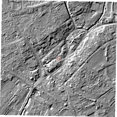 Shaded relief map of the ground around YO422AG, computed from Environment Agency LiDAR. The ground here sits at about 34 m above sea level and falls 11 m across the surrounding 800 m. Surface water reaching this point runs off ground lying to the north-north-east, 1.4 m higher.