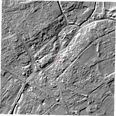 Shaded relief map of the ground around YO422AH, computed from Environment Agency LiDAR. The ground here sits at about 34 m above sea level and falls 12 m across the surrounding 800 m. Surface water reaching this point runs off ground lying to the north-east, 6.9 m higher.