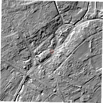 Shaded relief map of the ground around YO422AL, computed from Environment Agency LiDAR. The ground here sits at about 34 m above sea level and falls 12 m across the surrounding 800 m. Surface water reaching this point runs off ground lying to the north-east, 6.3 m higher.
