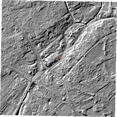 Shaded relief map of the ground around YO422AP, computed from Environment Agency LiDAR. The ground here sits at about 34 m above sea level and falls 11 m across the surrounding 800 m. Surface water reaching this point runs off ground lying to the north-east, 5.9 m higher.