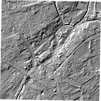 Shaded relief map of the ground around YO422AQ, computed from Environment Agency LiDAR. The ground here sits at about 34 m above sea level and falls 11 m across the surrounding 800 m. Surface water reaching this point runs off ground lying to the north-north-east, 1.4 m higher.