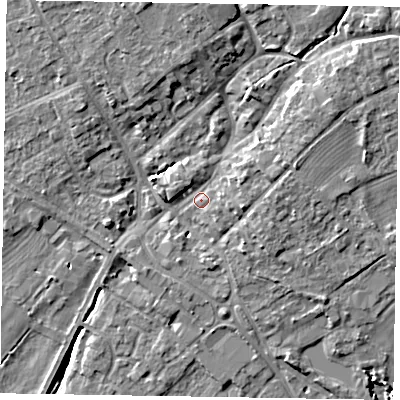 Shaded relief map of the ground around YO422AR, computed from Environment Agency LiDAR. The ground here sits at about 34 m above sea level and falls 11 m across the surrounding 800 m. Surface water reaching this point runs off ground lying to the north-east, 5.6 m higher.