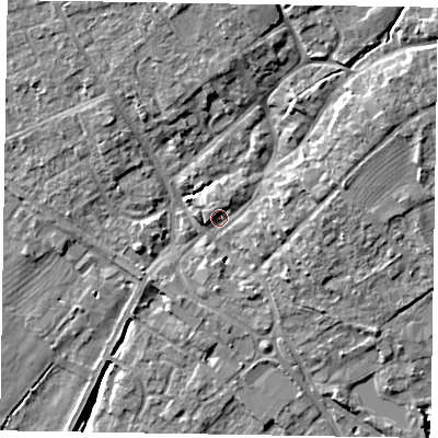Shaded relief map of the ground around YO422AS, computed from Environment Agency LiDAR. The ground here sits at about 34 m above sea level and falls 11 m across the surrounding 800 m. Surface water reaching this point runs off ground lying to the north-east, 7.1 m higher.