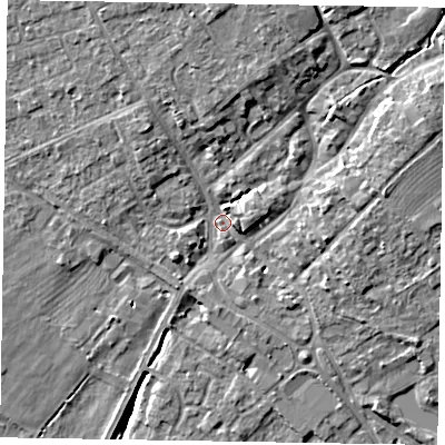 Shaded relief map of the ground around YO422AU, computed from Environment Agency LiDAR. The ground here sits at about 33 m above sea level and falls 11 m across the surrounding 800 m. Surface water reaching this point runs off ground lying to the north-north-east, 6.9 m higher.