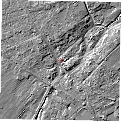 Shaded relief map of the ground around YO422AX, computed from Environment Agency LiDAR. The ground here sits at about 33 m above sea level and falls 11 m across the surrounding 800 m. Surface water reaching this point runs off ground lying to the north, 6.5 m higher.