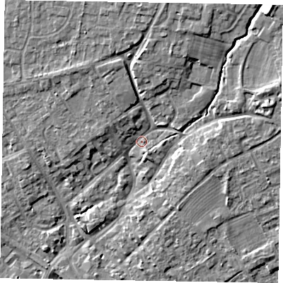 Shaded relief map of the ground around YO422BJ, computed from Environment Agency LiDAR. The ground here sits at about 35 m above sea level and falls 10 m across the surrounding 800 m. Surface water reaching this point runs off ground lying to the north-north-east, 6.9 m higher.