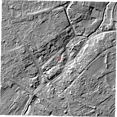 Shaded relief map of the ground around YO422BL, computed from Environment Agency LiDAR. The ground here sits at about 34 m above sea level and falls 10 m across the surrounding 800 m. Surface water reaching this point runs off ground lying to the east, 1.3 m higher.