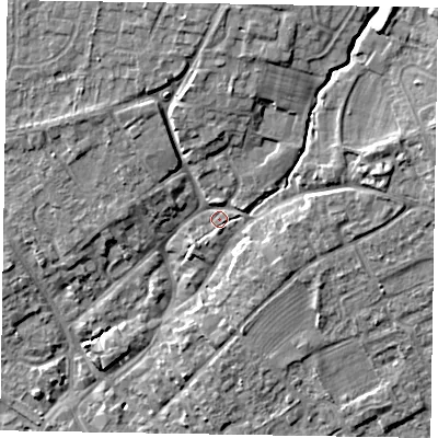Shaded relief map of the ground around YO422BP, computed from Environment Agency LiDAR. The ground here sits at about 35 m above sea level and falls 10 m across the surrounding 800 m. Surface water reaching this point runs off ground lying to the north, 6.4 m higher.