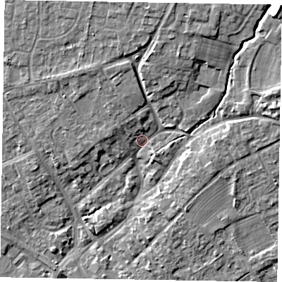 Shaded relief map of the ground around YO422BQ, computed from Environment Agency LiDAR. The ground here sits at about 35 m above sea level and falls 10 m across the surrounding 800 m. Surface water reaching this point runs off ground lying to the north-north-east, 6.9 m higher.