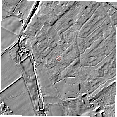 Shaded relief map of the ground around YO422BS, computed from Environment Agency LiDAR. The ground here sits at about 29 m above sea level and falls 12 m across the surrounding 800 m. Surface water reaching this point runs off ground lying to the north-north-east, 4.7 m higher.