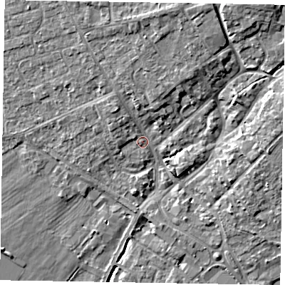 Shaded relief map of the ground around YO422DG, computed from Environment Agency LiDAR. The ground here sits at about 34 m above sea level and falls 11 m across the surrounding 800 m. Surface water reaching this point runs off ground lying to the north-north-east, 6.3 m higher.