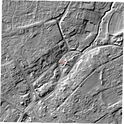 Shaded relief map of the ground around YO422ET, computed from Environment Agency LiDAR. The ground here sits at about 35 m above sea level and falls 10 m across the surrounding 800 m. Surface water reaching this point runs off ground lying to the north-north-east, 7.4 m higher.