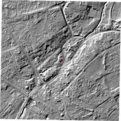 Shaded relief map of the ground around YO422FE, computed from Environment Agency LiDAR. The ground here sits at about 35 m above sea level and falls 10 m across the surrounding 800 m. Surface water reaching this point runs off ground lying to the north-north-east, 6.5 m higher.