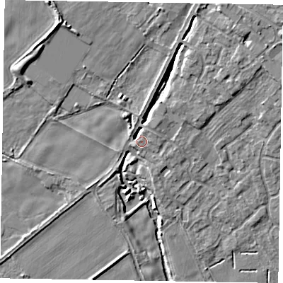Shaded relief map of the ground around YO422FN, computed from Environment Agency LiDAR. The ground here sits at about 30 m above sea level and falls 9 m across the surrounding 800 m. Surface water reaching this point runs off ground lying to the north-east, 6.6 m higher.