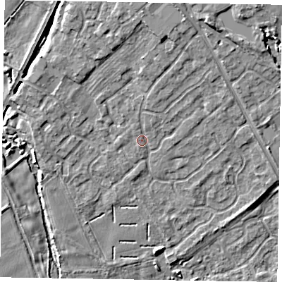 Shaded relief map of the ground around YO422GB, computed from Environment Agency LiDAR. The ground here sits at about 29 m above sea level and falls 10 m across the surrounding 800 m. Surface water reaching this point runs off ground lying to the north-north-east, 3.3 m higher.