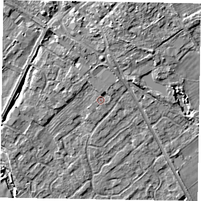 Shaded relief map of the ground around YO422GE, computed from Environment Agency LiDAR. The ground here sits at about 32 m above sea level and falls 11 m across the surrounding 800 m. Surface water reaching this point runs off ground lying to the north, 2.9 m higher.
