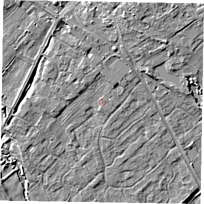 Shaded relief map of the ground around YO422GJ, computed from Environment Agency LiDAR. The ground here sits at about 31 m above sea level and falls 11 m across the surrounding 800 m. Surface water reaching this point runs off ground lying to the north, 3.2 m higher.