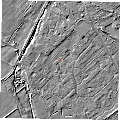 Shaded relief map of the ground around YO422GL, computed from Environment Agency LiDAR. The ground here sits at about 30 m above sea level and falls 10 m across the surrounding 800 m. Surface water reaching this point runs off ground lying to the north-north-east, 5.1 m higher.