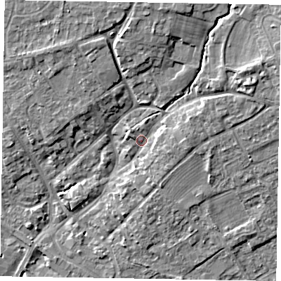 Shaded relief map of the ground around YO422JJ, computed from Environment Agency LiDAR. The ground here sits at about 35 m above sea level and falls 10 m across the surrounding 800 m. Surface water reaching this point runs off ground lying to the north-north-east, 6.2 m higher.