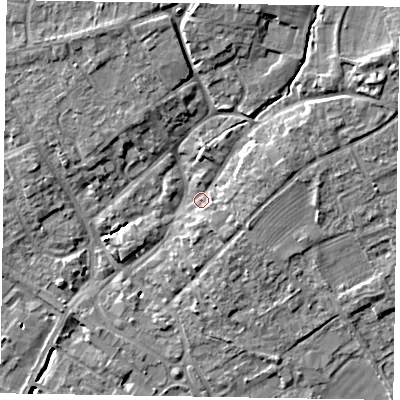 Shaded relief map of the ground around YO422JL, computed from Environment Agency LiDAR. The ground here sits at about 34 m above sea level and falls 12 m across the surrounding 800 m. Surface water reaching this point runs off ground lying to the north-east, 6.7 m higher.