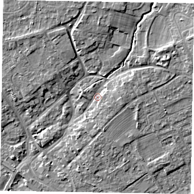 Shaded relief map of the ground around YO422JN, computed from Environment Agency LiDAR. The ground here sits at about 35 m above sea level and falls 11 m across the surrounding 800 m. Surface water reaching this point runs off ground lying to the east-north-east, 6.8 m higher.
