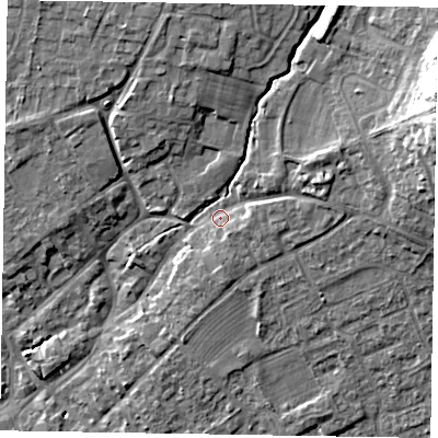 Shaded relief map of the ground around YO422JP, computed from Environment Agency LiDAR. The ground here sits at about 36 m above sea level and falls 20 m across the surrounding 800 m. Surface water reaching this point runs off ground lying to the east-north-east, 4.5 m higher.