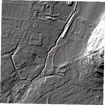 Shaded relief map of the ground around YO422JR, computed from Environment Agency LiDAR. The ground here sits at about 39 m above sea level and falls 31 m across the surrounding 800 m. Surface water reaching this point runs off ground lying to the north-north-east, 9.2 m higher.