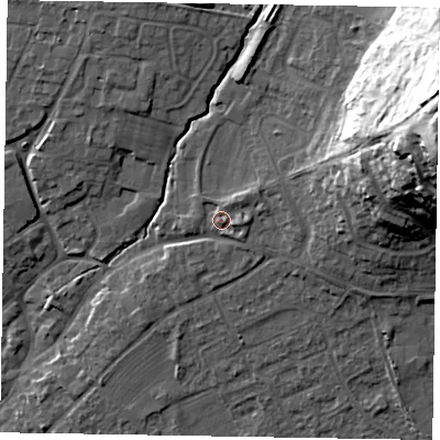 Shaded relief map of the ground around YO422JS, computed from Environment Agency LiDAR. The ground here sits at about 39 m above sea level and falls 40 m across the surrounding 800 m. Surface water reaching this point runs off ground lying to the north-east, 2.4 m higher.