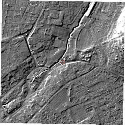 Shaded relief map of the ground around YO422JW, computed from Environment Agency LiDAR. The ground here sits at about 36 m above sea level and falls 22 m across the surrounding 800 m. Surface water reaching this point runs off ground lying to the east-north-east, 18.5 m higher.