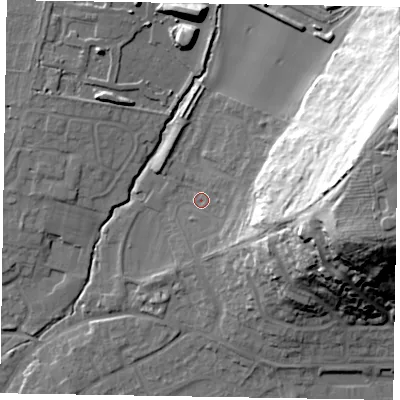 Shaded relief map of the ground around YO422LB, computed from Environment Agency LiDAR. The ground here sits at about 40 m above sea level and falls 46 m across the surrounding 800 m. Surface water reaching this point runs off ground lying to the east-north-east, 38.2 m higher.