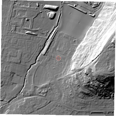Shaded relief map of the ground around YO422LD, computed from Environment Agency LiDAR. The ground here sits at about 40 m above sea level and falls 46 m across the surrounding 800 m. Surface water reaching this point runs off ground lying to the east, 29.4 m higher.