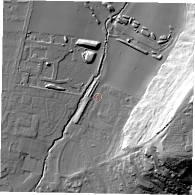 Shaded relief map of the ground around YO422LF, computed from Environment Agency LiDAR. The ground here sits at about 41 m above sea level and falls 45 m across the surrounding 800 m. Surface water reaching this point runs off ground lying to the east, 40.6 m higher.